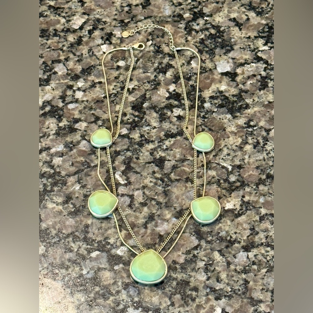 Vintage Liz Claiborne bezel set opaque green cabochon layered gold tone necklace